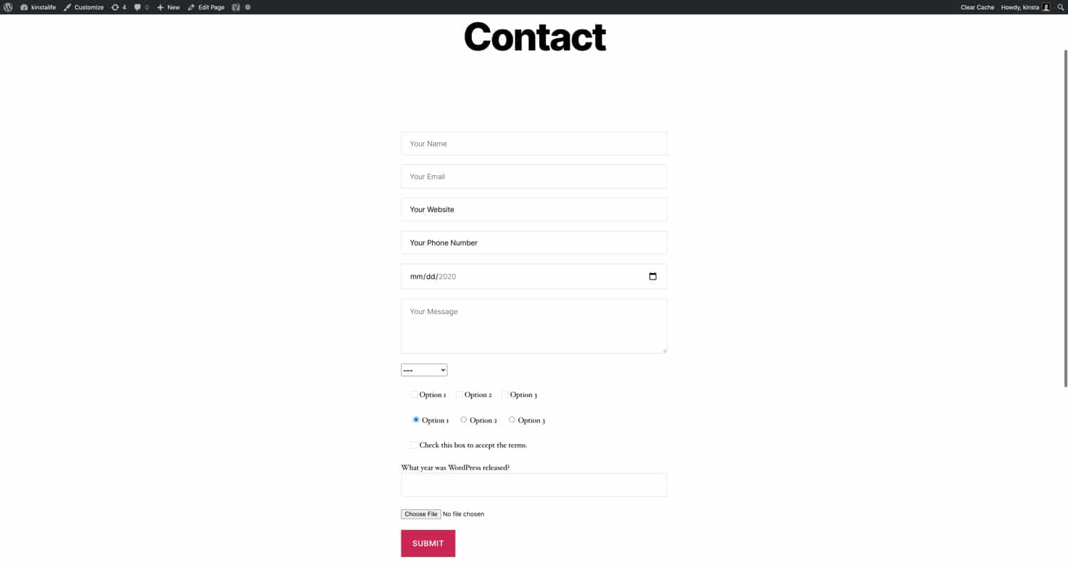 Een contactformulier gemaakt met Contact Form 7.
