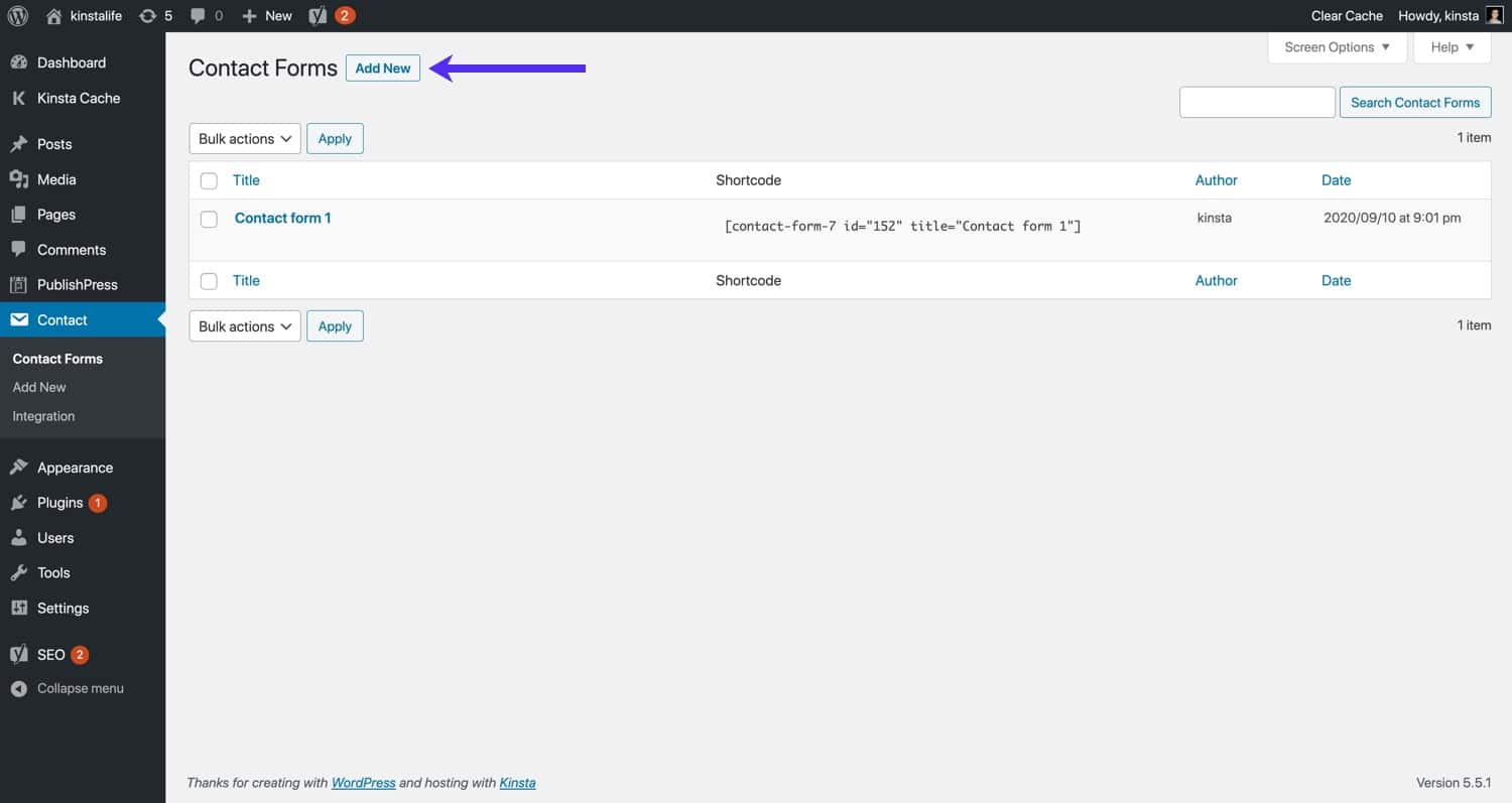 Crear un nuevo contact form en el Contact Form 7.