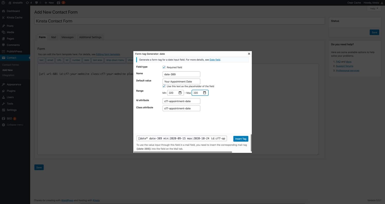 Een “date” form tag in Contact Form 7.