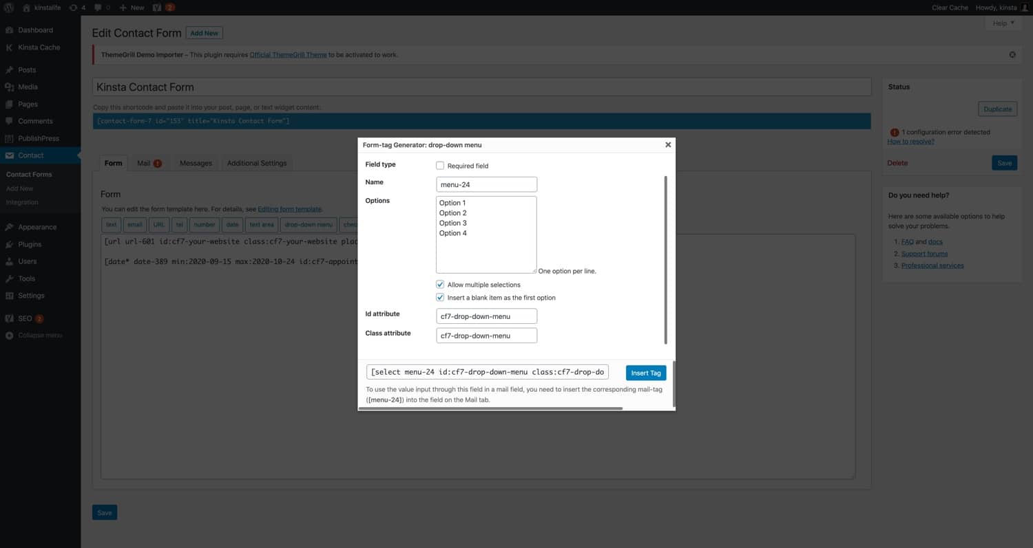 A “drop-down menu” form tag in Contact Form 7.