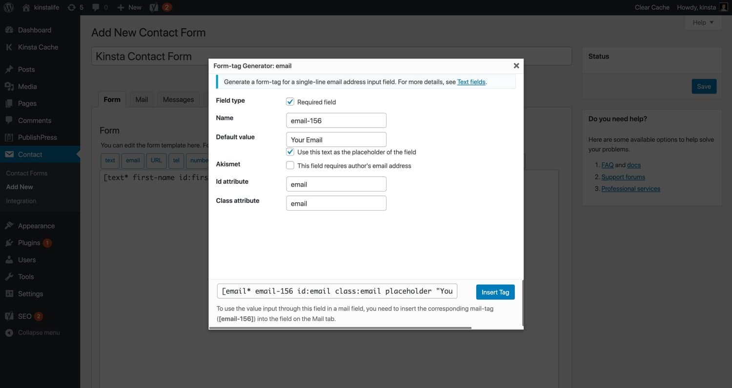 Una etiqueta de formulario de "correo electrónico" en el Contact Form 7.