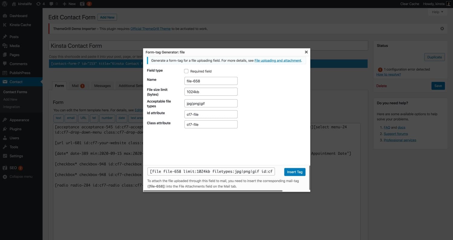 Een “file” form tag in Contact Form 7.