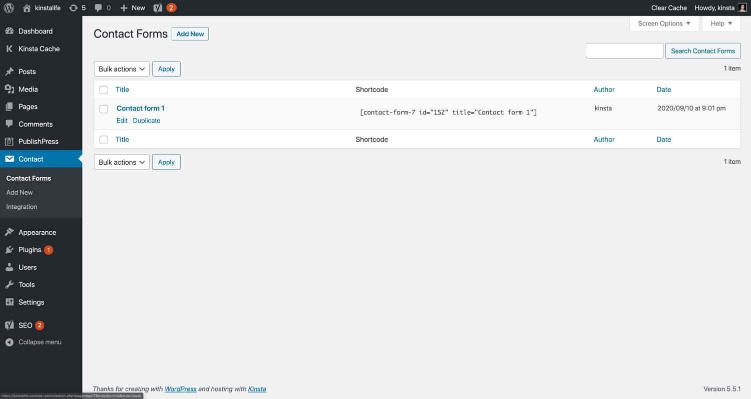 Formulaire de contact dans Contact Form 7.