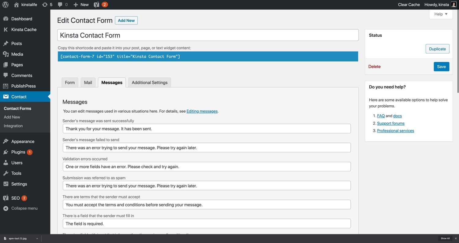 Personalize o Contact Form 7 mensagens situacionais.