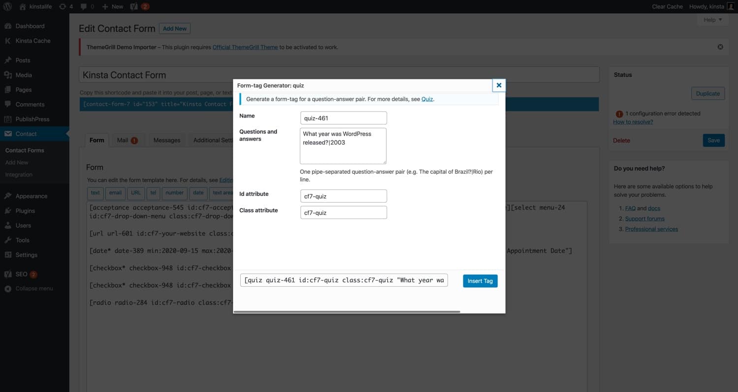 Uma etiqueta do formulário "quiz" no Contact Form 7.