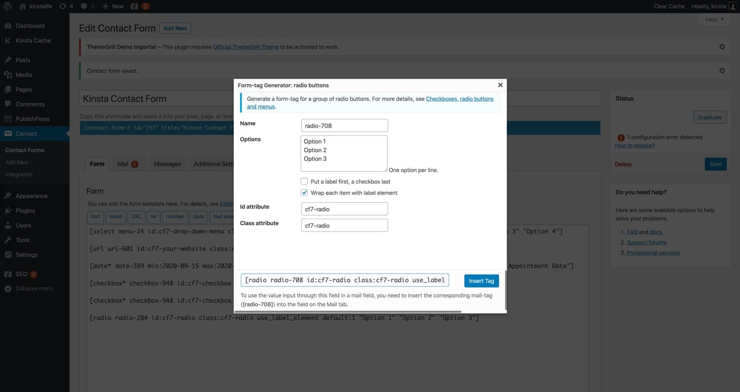 A “radio buttons” form tag in Contact Form 7.