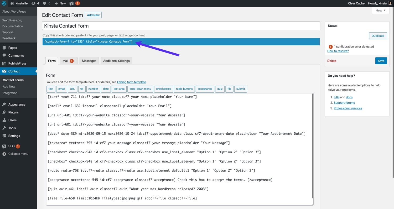 Aggiungere lo shortcode di Contact Form 7 in un post o in una pagina.