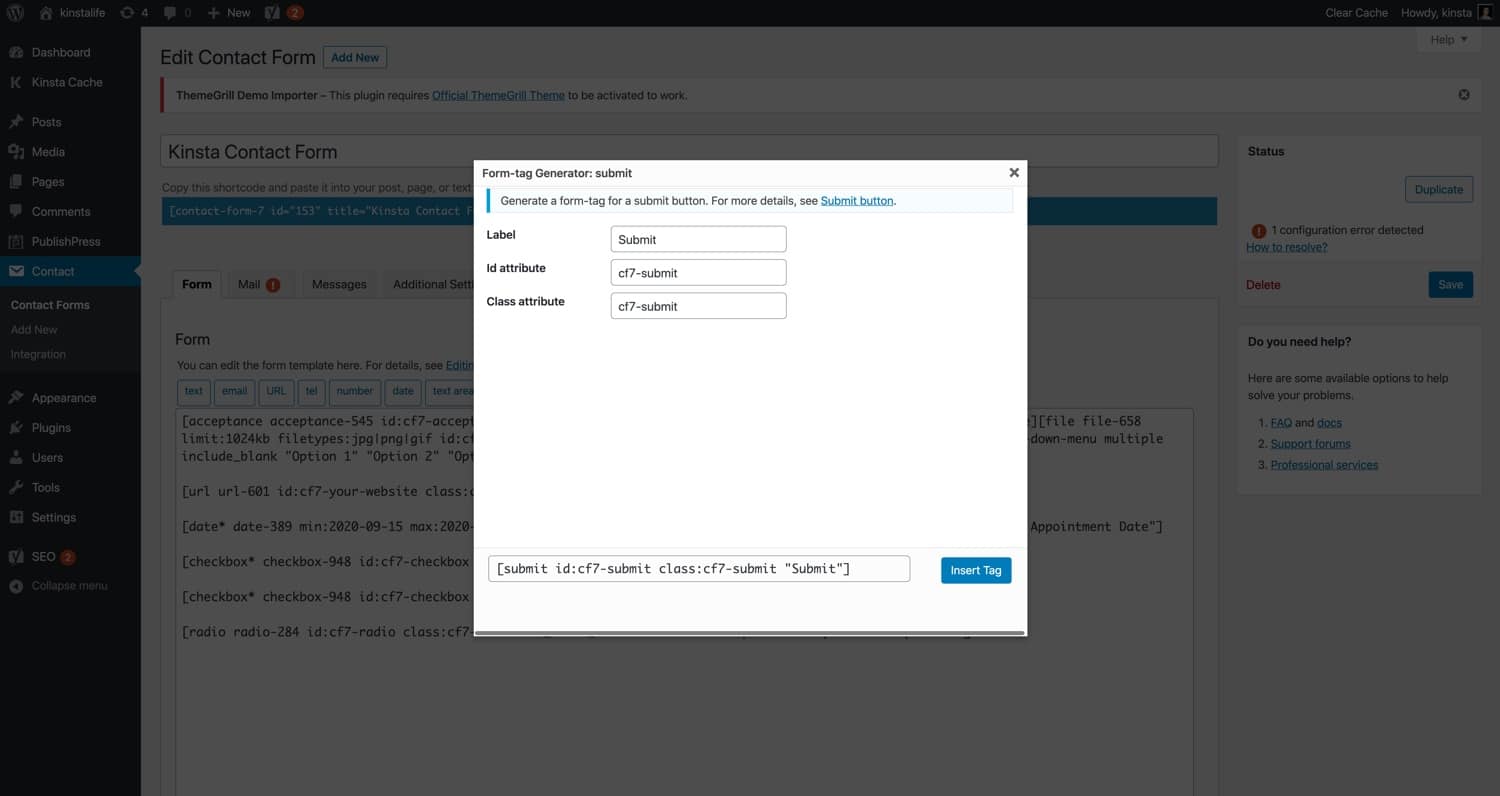 Een “submit” form tag in Contact Form 7.