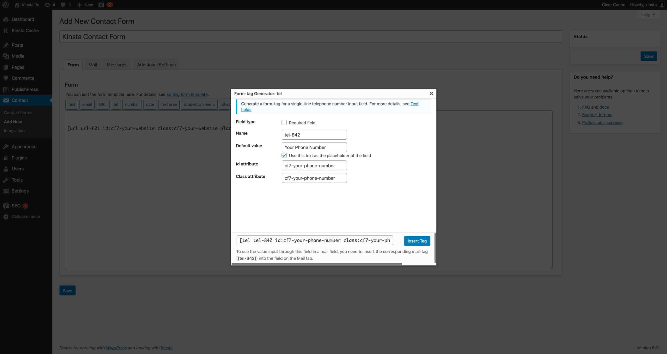 Una etiqueta de formulario "tel" en el Contact Form 7.