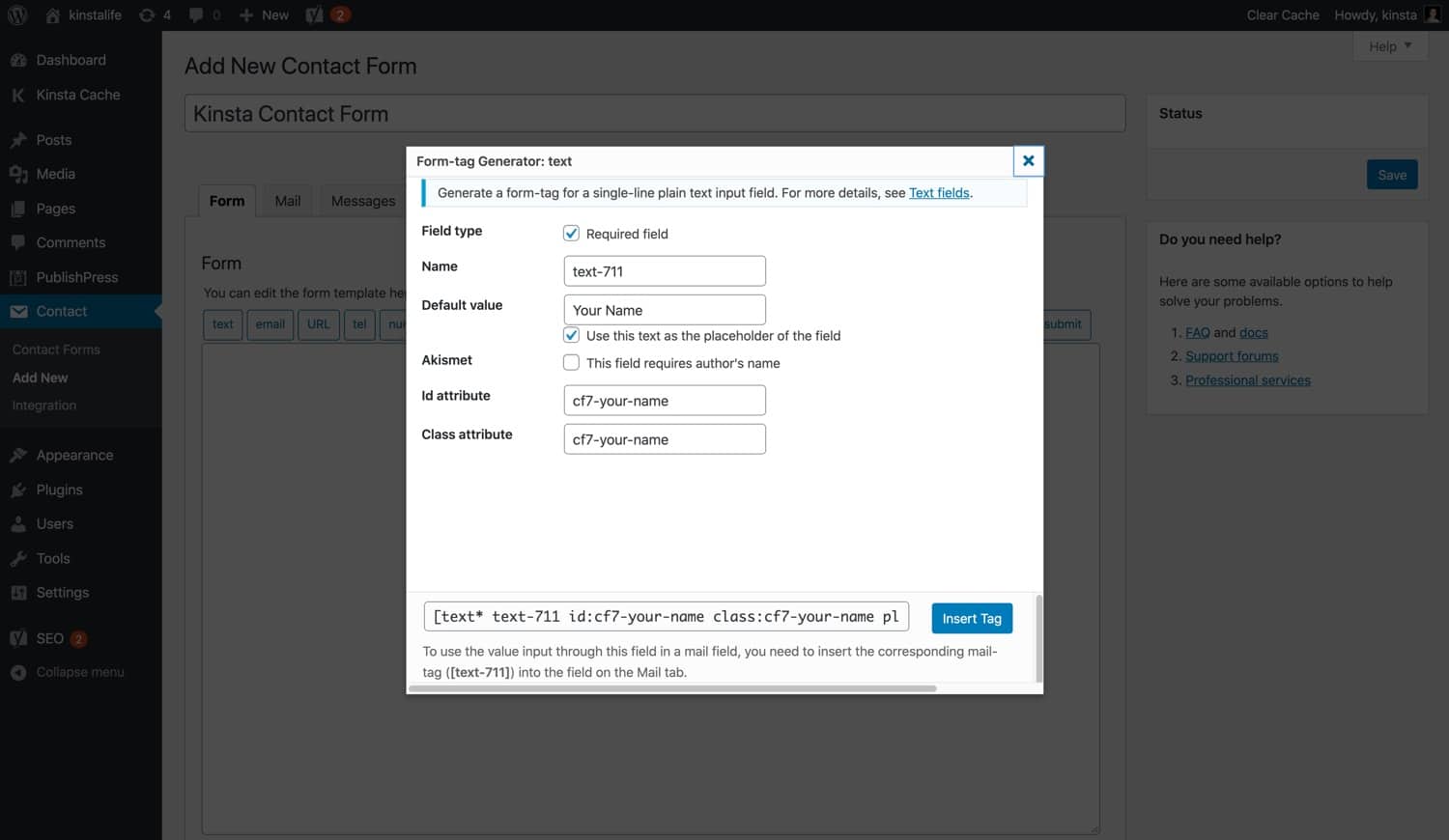 Een “text” form tag in Contact Form 7.