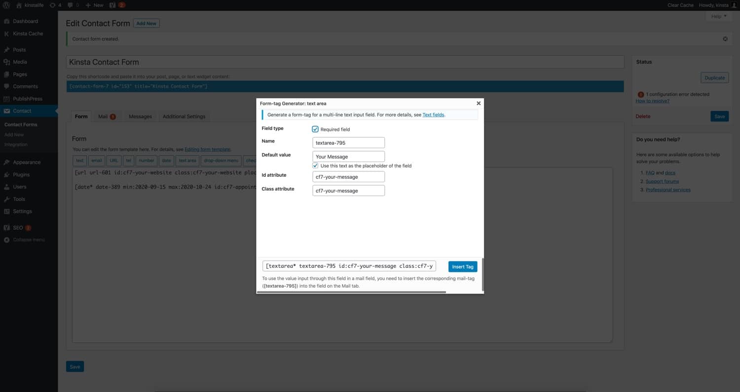 A “textarea” form tag in Contact Form 7.