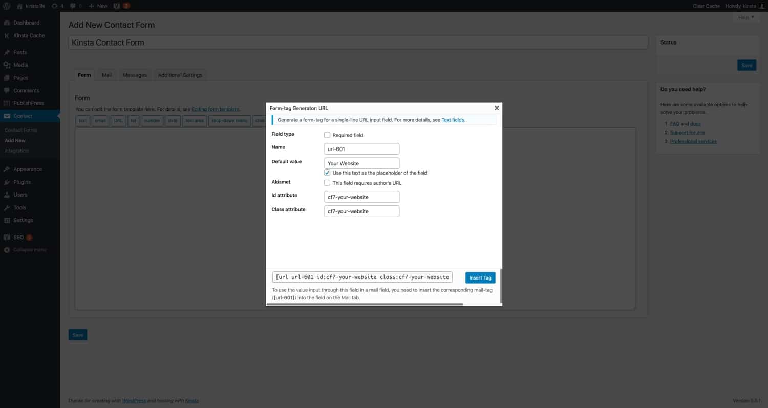 Een “URL” form tag in Contact Form 7.