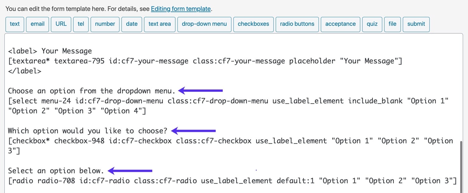 Ajouter un libellé aux cases à cocher, aux boutons radio et aux menus déroulants de Contact Form 7.