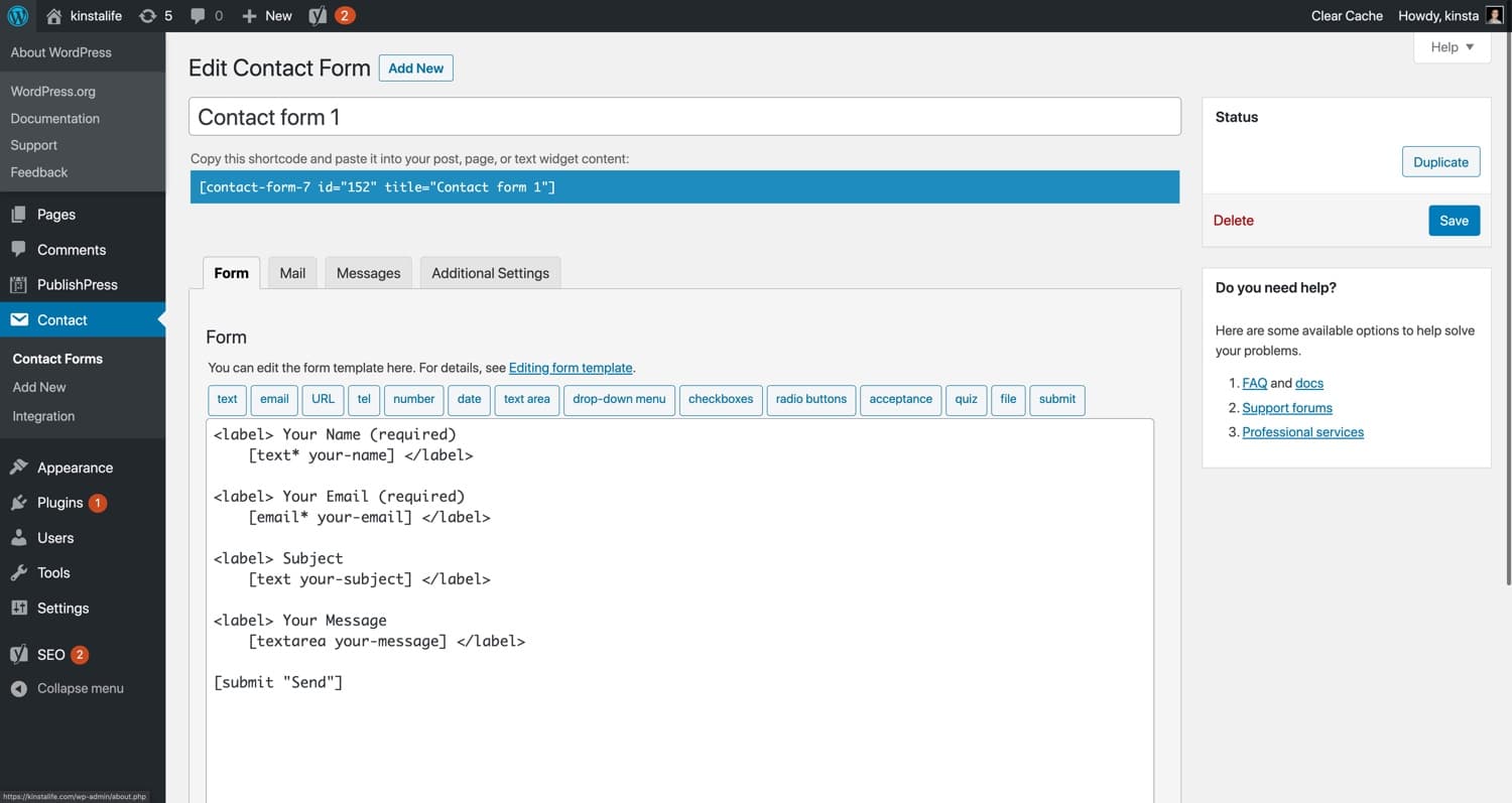 Configure seu formulário de contato WordPress.