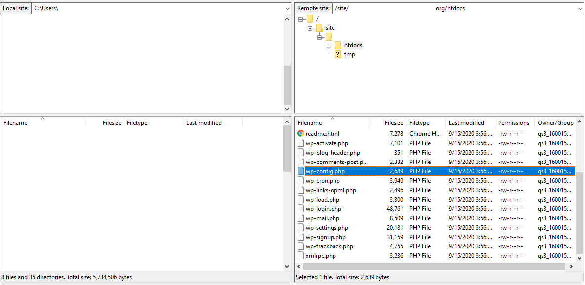 Naar wp-config zoeken in FileZilla