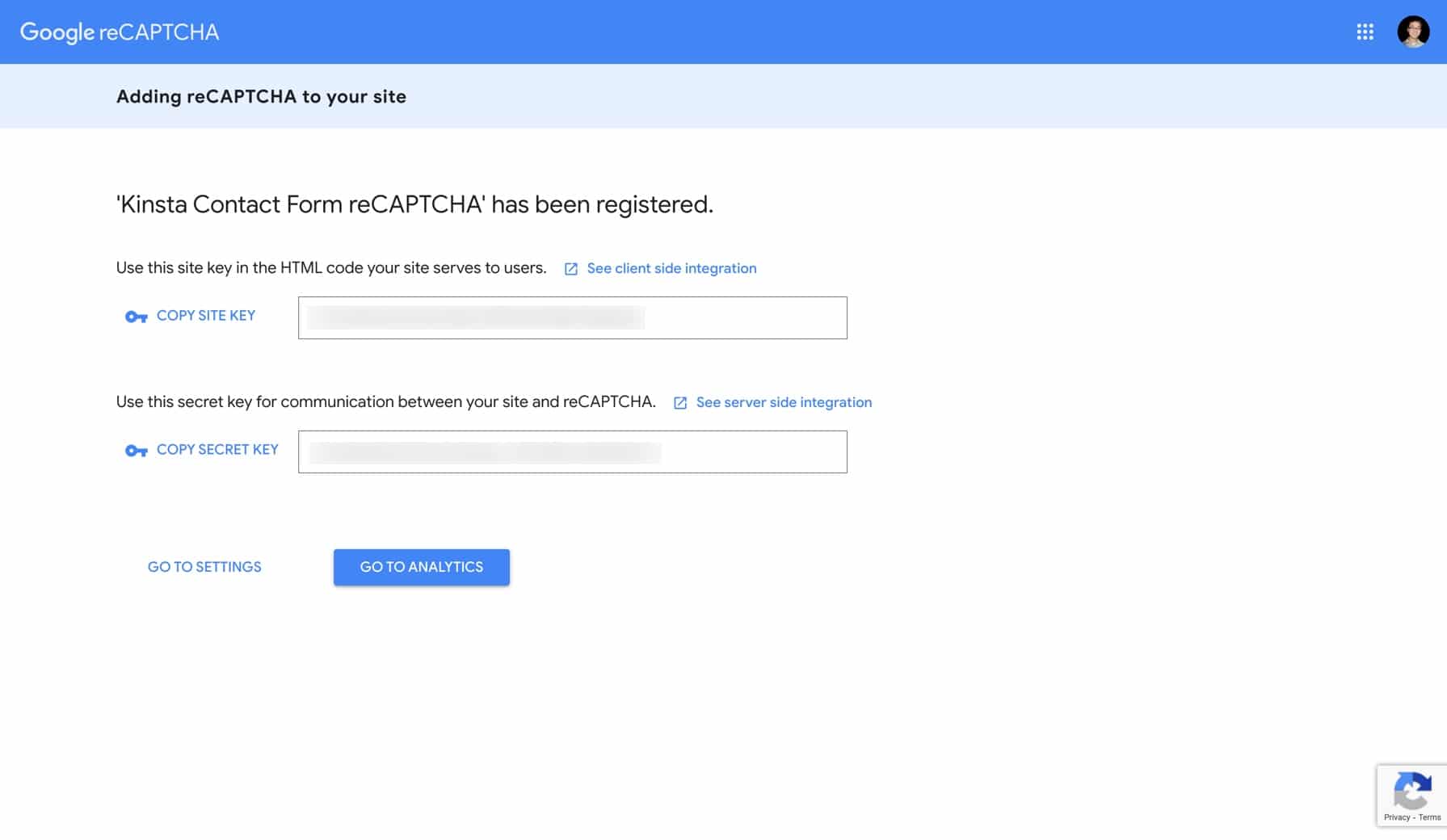 La chiave del sito e la chiave segreta su Google reCAPTCHA.