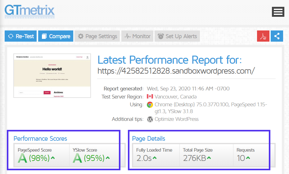 Prueba de velocidad de GTmetrix