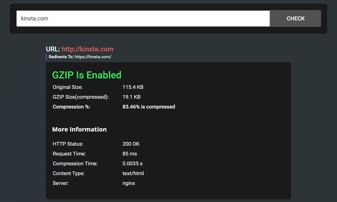 Teste da página inicial da Kinsta com a ferramenta Check GZIP Compression