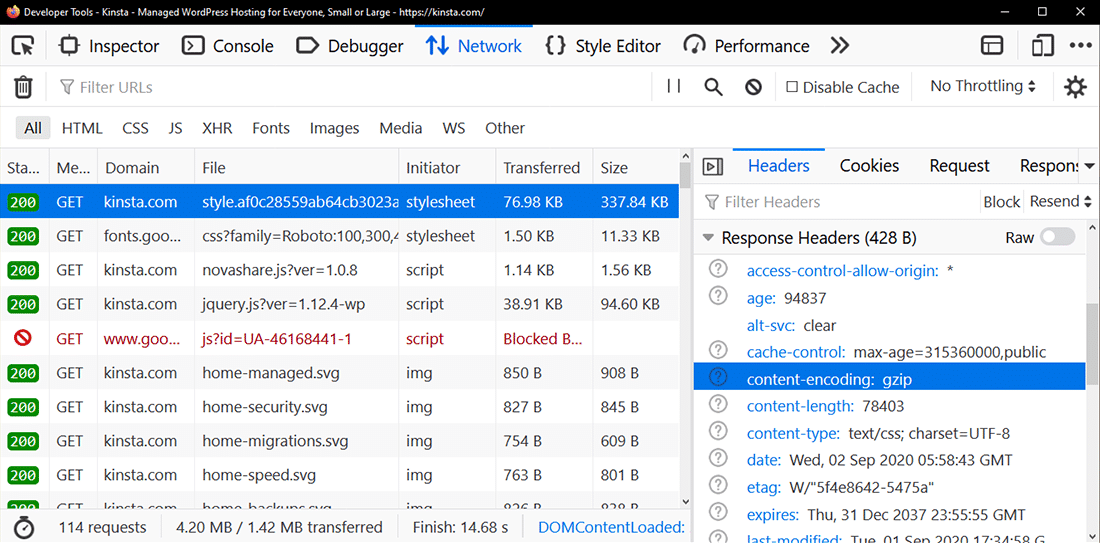 The “content-encoding: gzip” header in Firefox Developer Tools