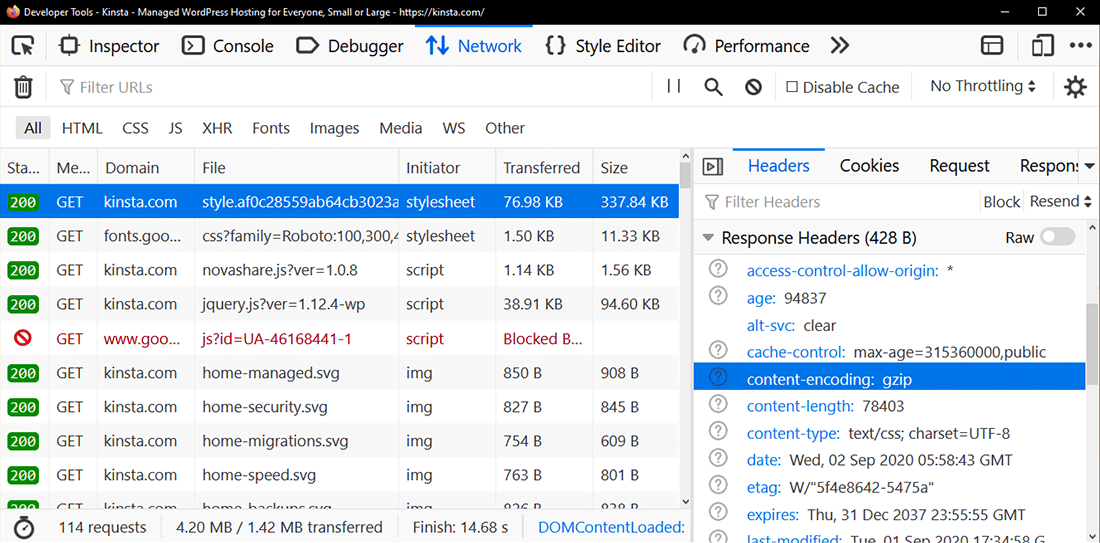 El encabezado "content-encoding: gzip" en Firefox Developer Tools