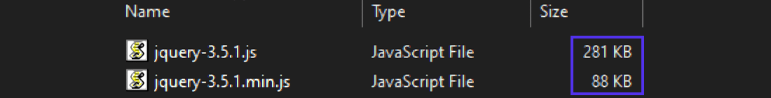 File size comparison of uncompressed vs minified jQuery