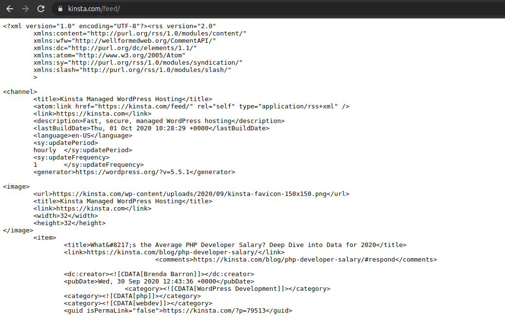 Un exemple de flux RSS affiché en XML.