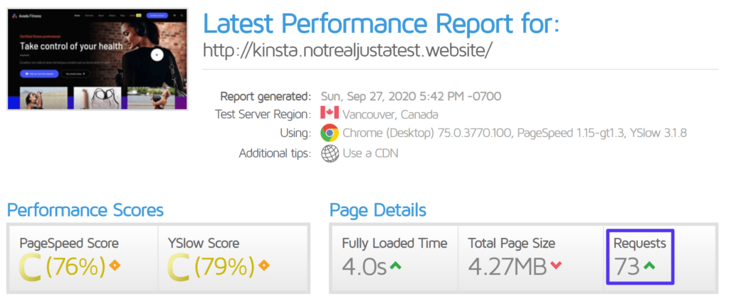 Example of gtmetrix results for a test website