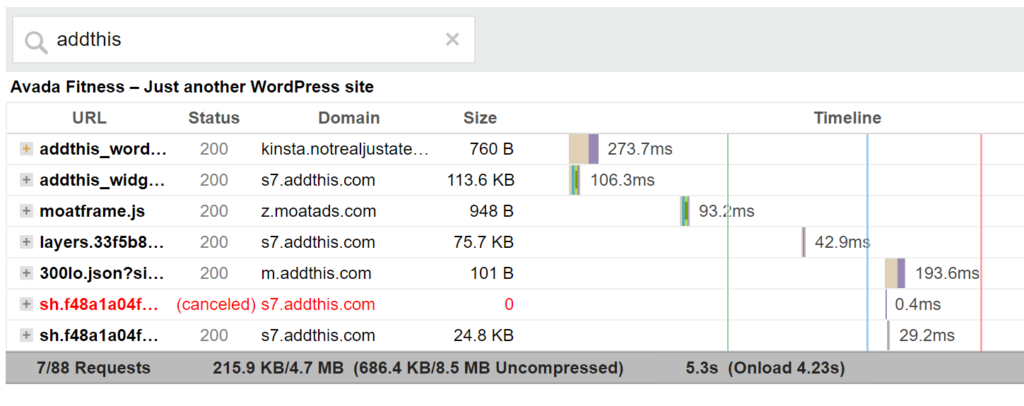 search for AddThis plugin showing six of its own HTTP requests