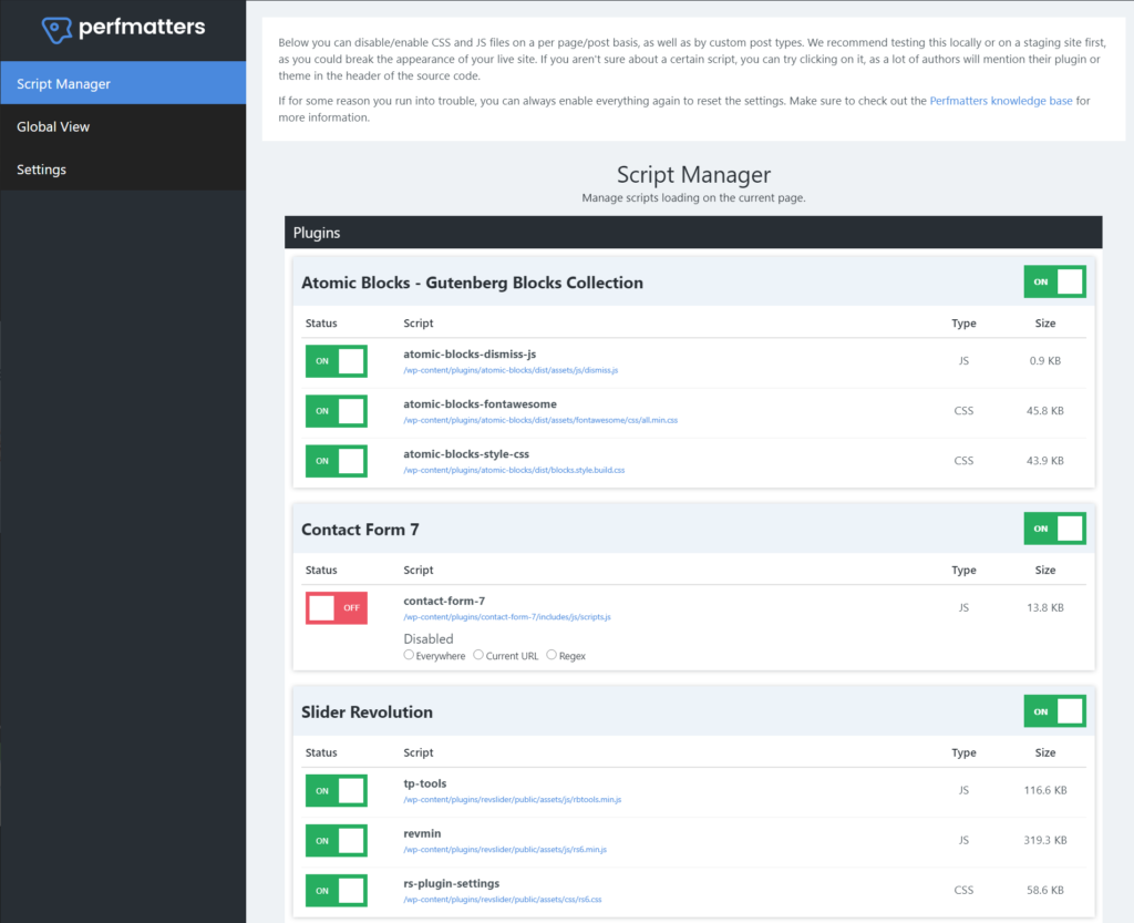 El gestor de guiones en el plugin de Perfmatters