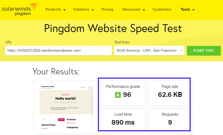 Teste de velocidade do site do Pingdom