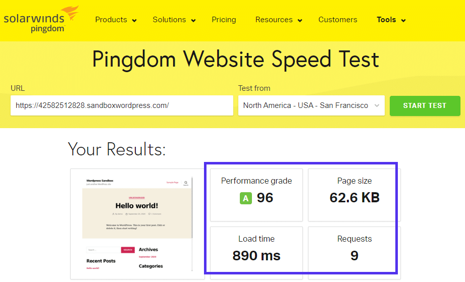 Prueba de velocidad del sitio web del Pingdom