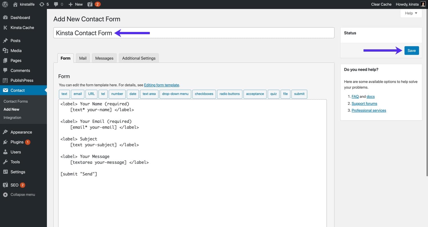 Salvare il nuovo modulo di contatto WordPress.