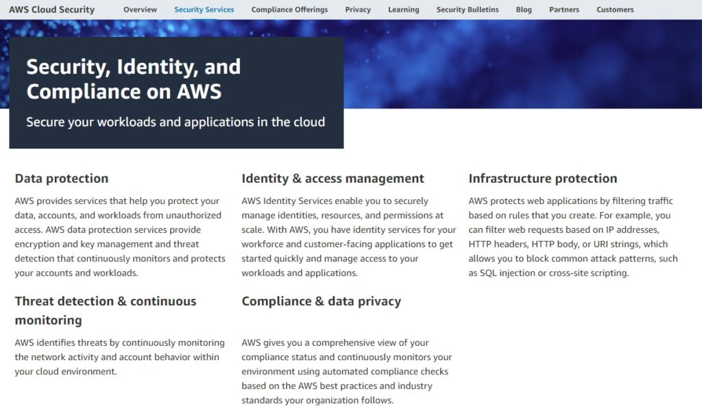 AWS security features – security, identity, and compliance.