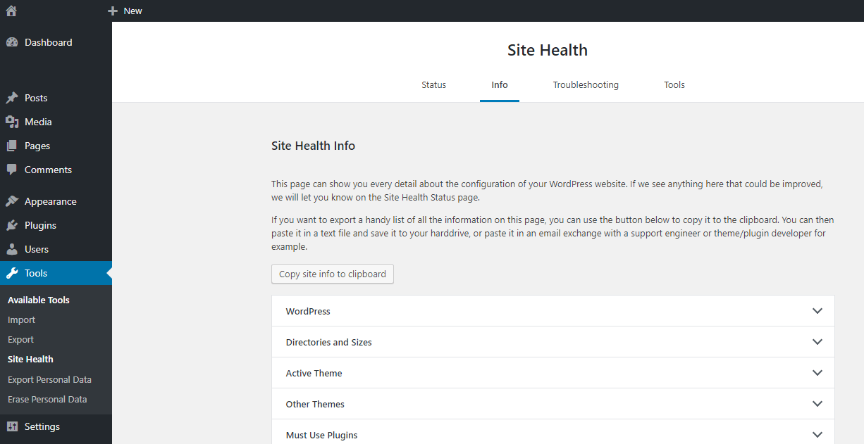 Ver información sobre la salud del sitio en WordPress