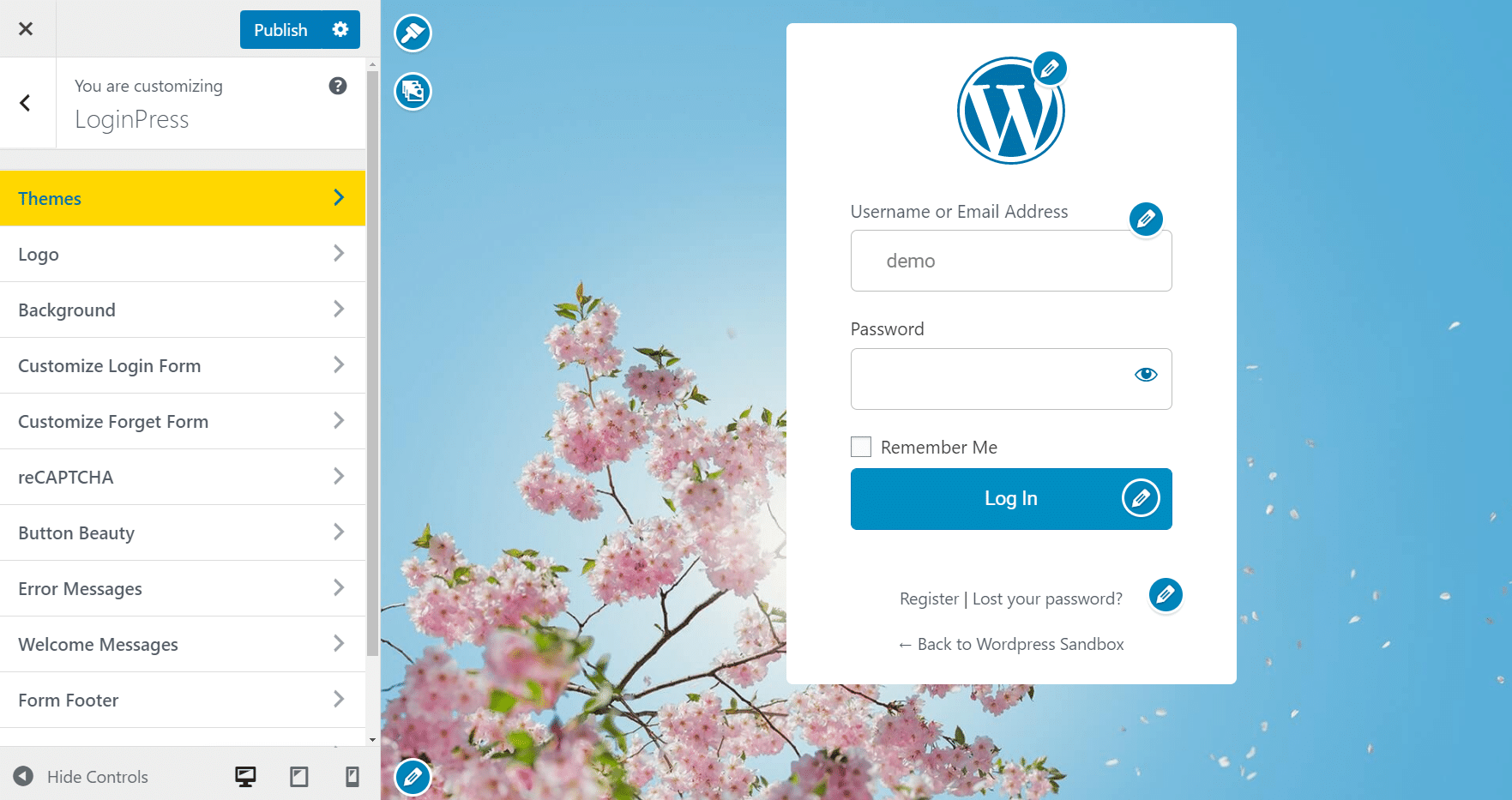 theme builder for WordPress Registration Form