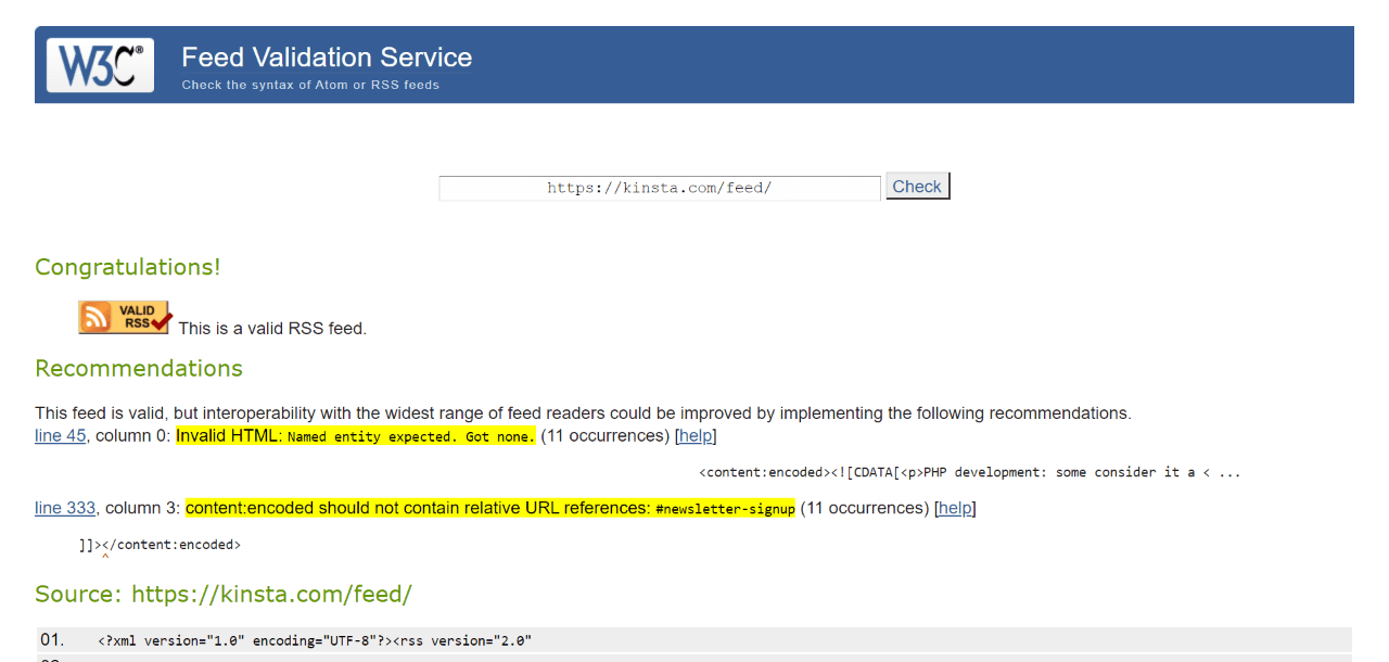 Validation d’une URL de flux avec l'outil du W3C.