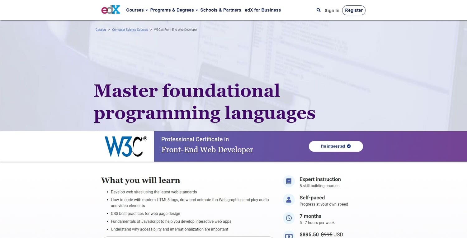 w3cx course front end development