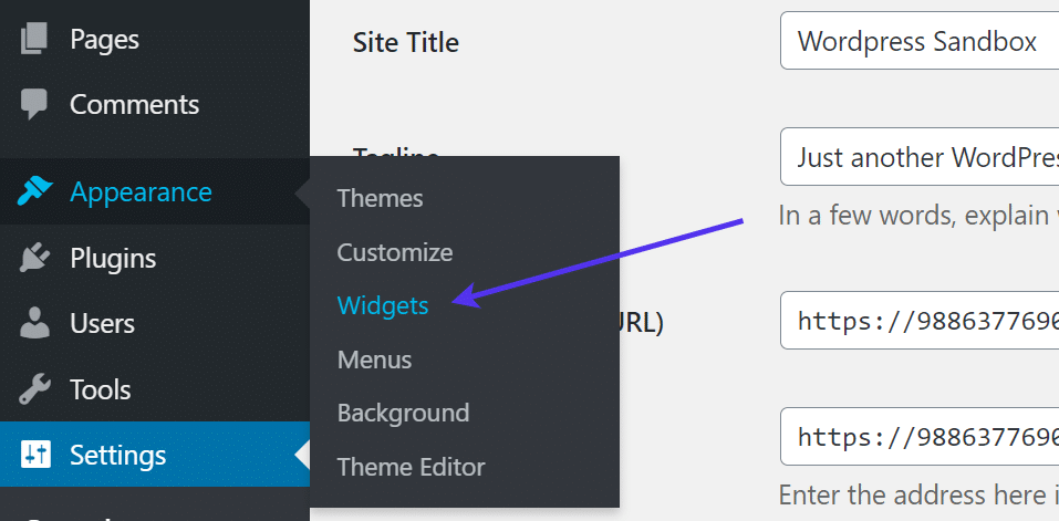 widgets tab for WordPress Registration Form