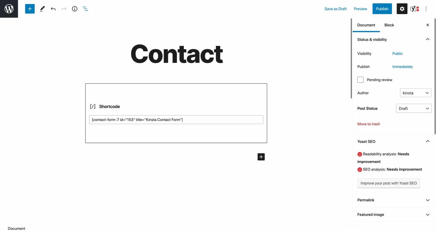 Embutir um formulário de contato com o atalho Contact Form 7.
