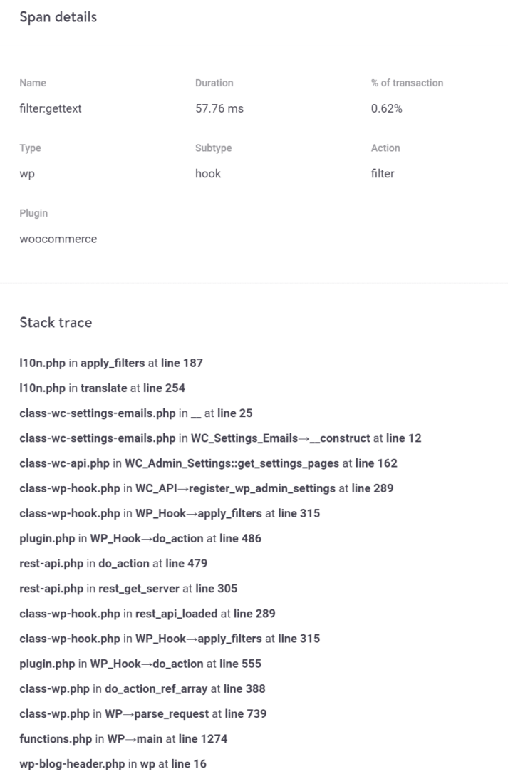 Zeitleiste "Span details" und "Stack trace" in Kinsta APM