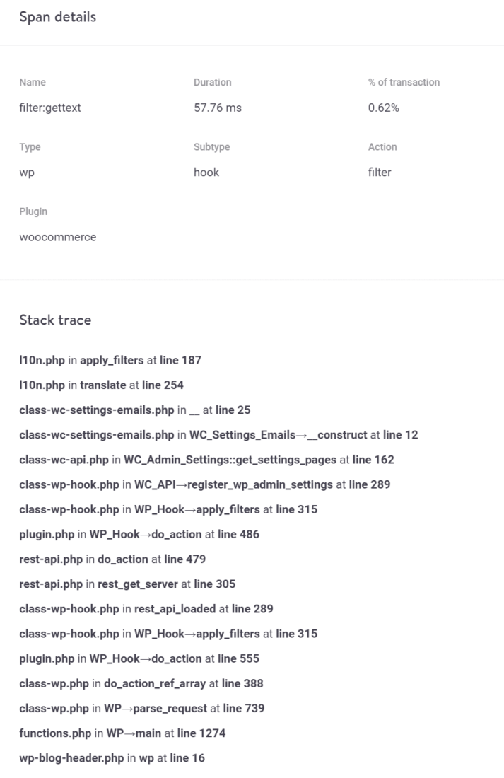 Kinsta APMのスパン詳細とスタックトレースのタイムライン