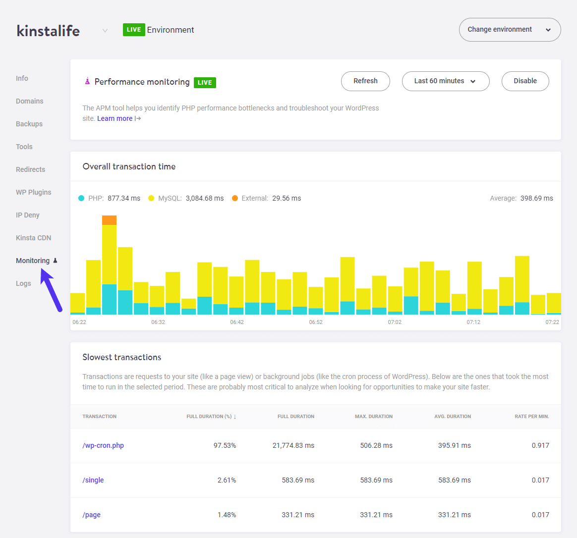 Kinstas APM-sida i MyKinsta-panelen