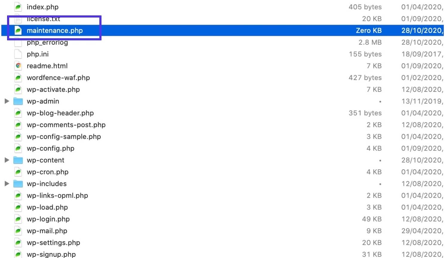 Il file maintenance.php in un client FTP