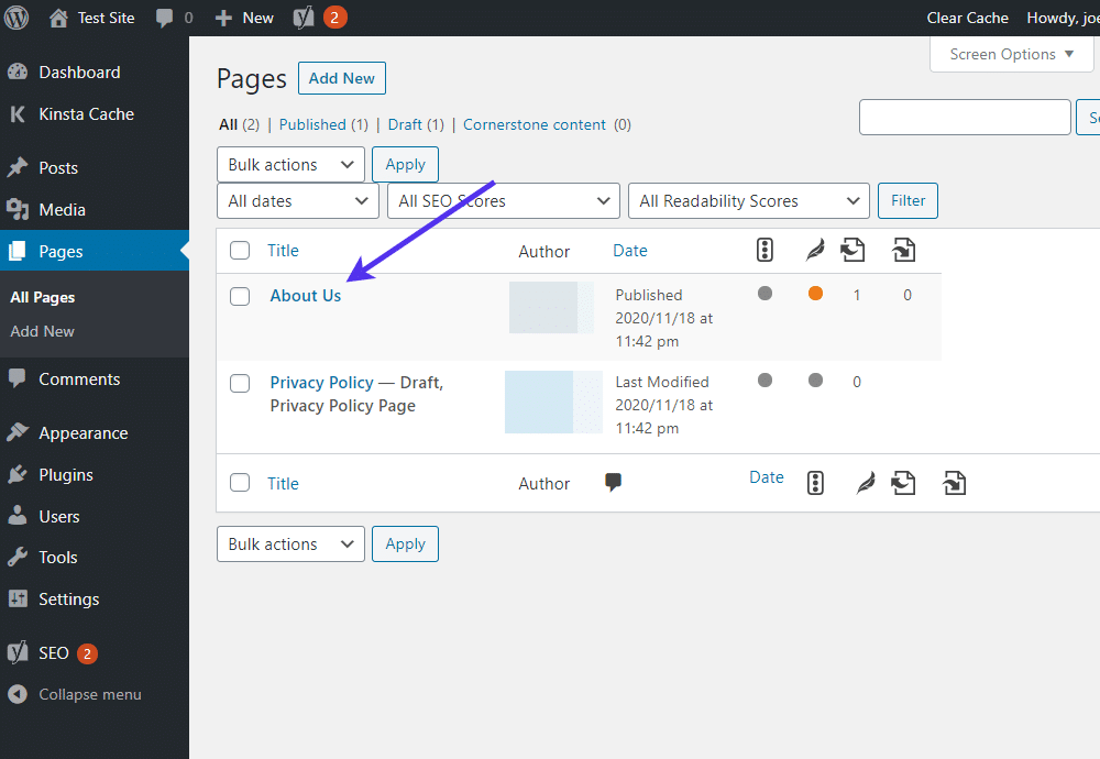 Sobre nós página em WordPress