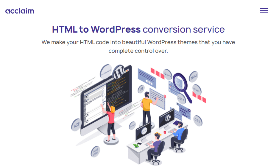 Aclamação do serviço de conversão de HTML para WordPress