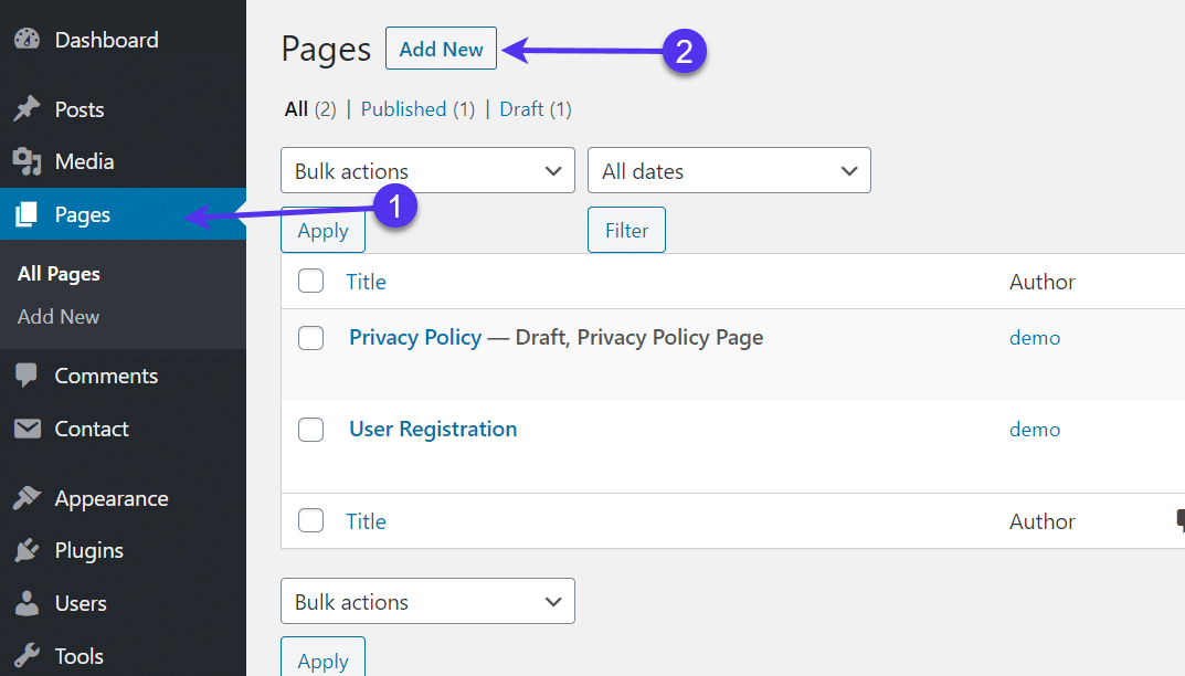 add new page for WordPress Registration Form