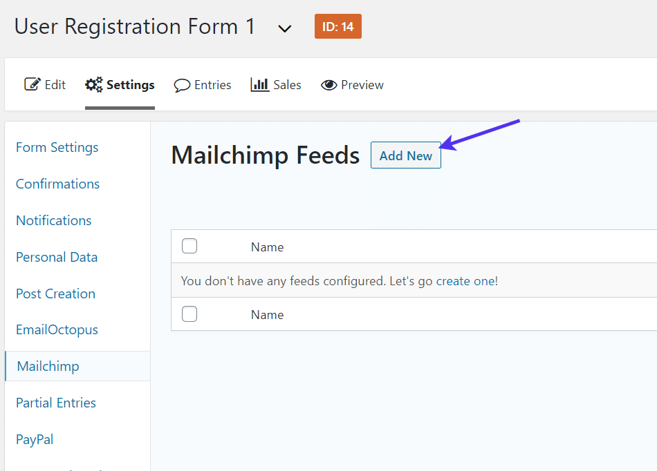 Adicionando uma nova alimentação para Mailchimp