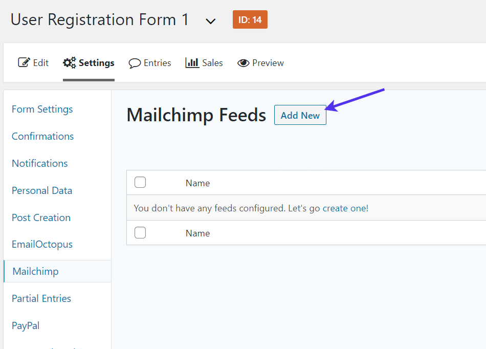 Hinzufügen eines neuen Feeds für Mailchimp