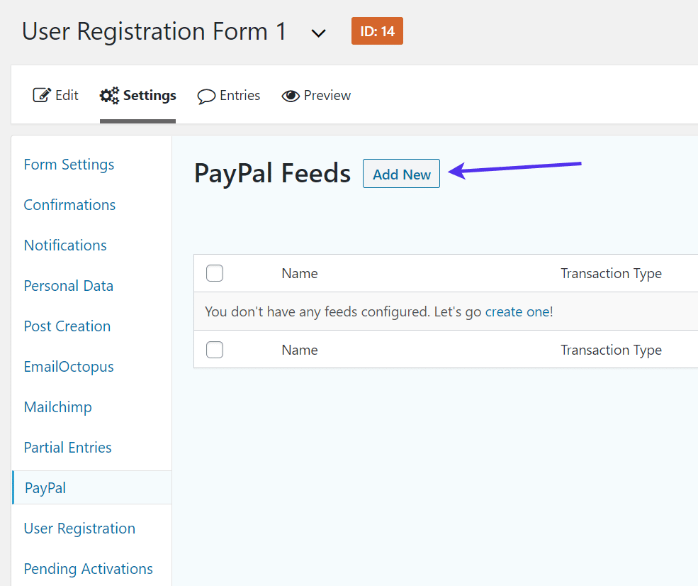 Aggiunta di un nuovo feed PayPal