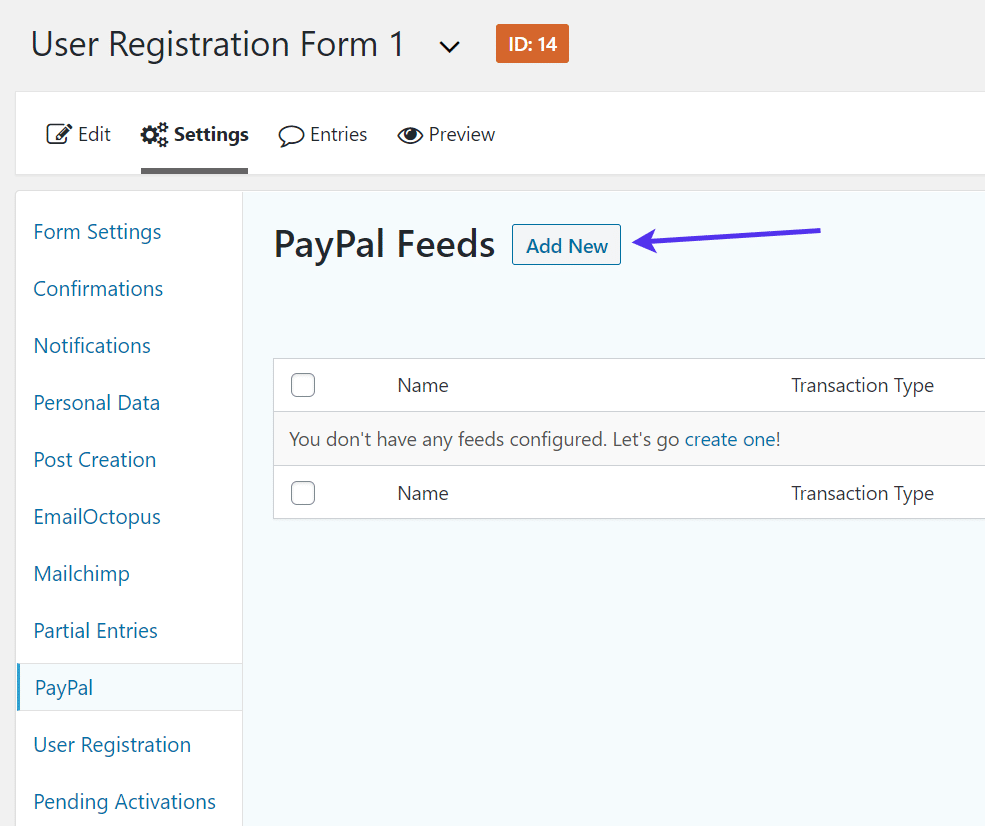 Hinzufügen eines neuen PayPal Feeds